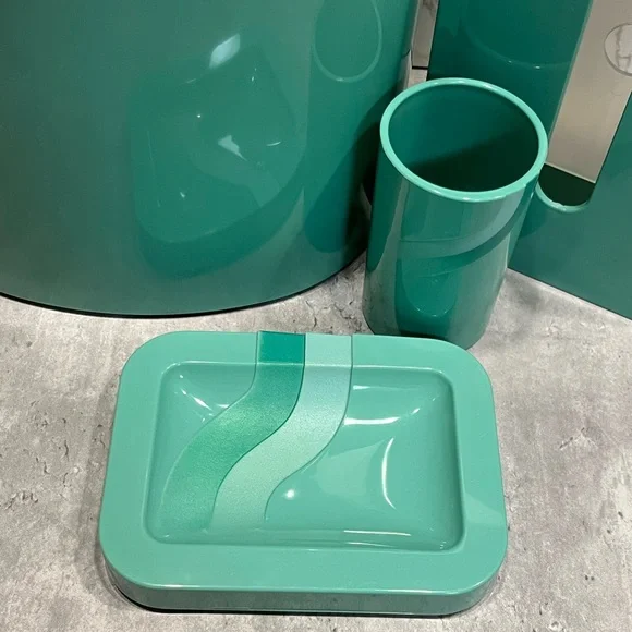 Vintage seafoam teal plastic bathroom accessories waste bin cup soap dish tissue - Picture 3 of 16